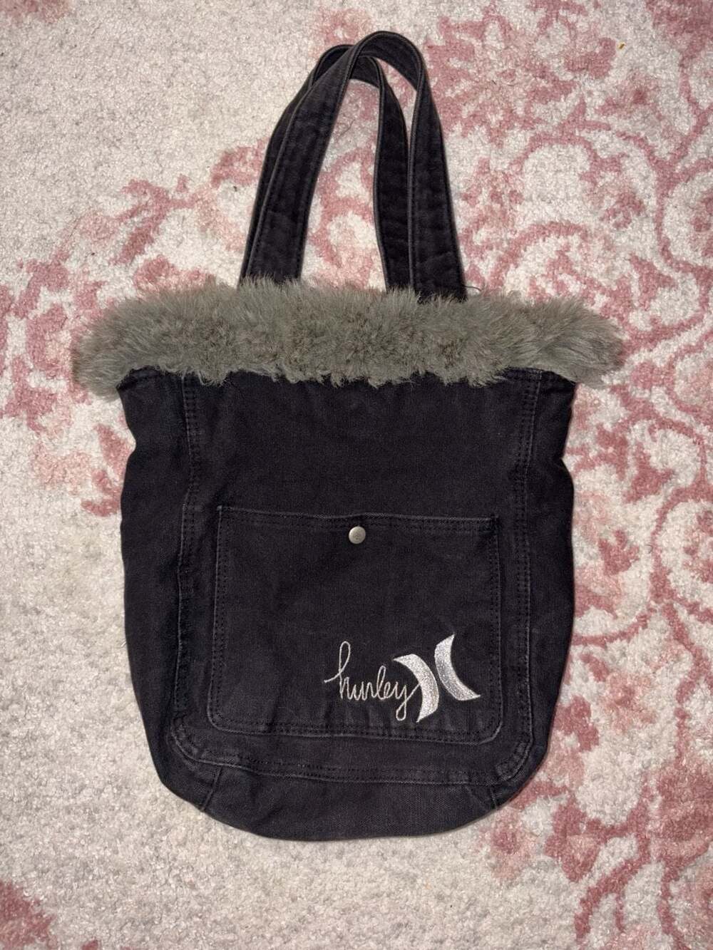 Rare Hurley Vintage Black Denim Tote Bag with Faux Fur Trim and Embroidered Logo